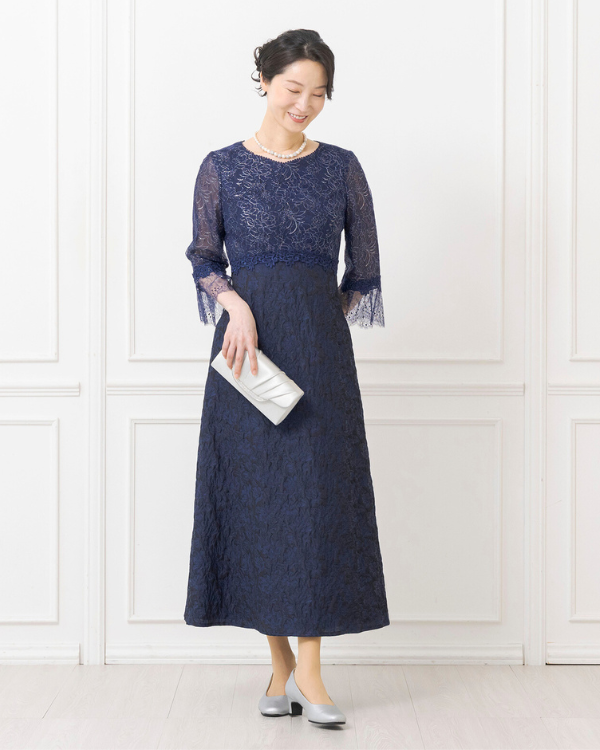 ネイビー】リバーレース×フクレジャカード お袖付きセミロングドレス